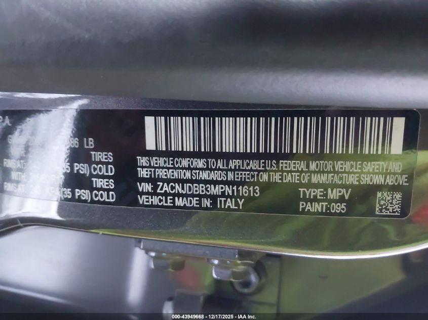 2021 Jeep Renegade Latitude 4X4 VIN: ZACNJDBB3MPN11613 Lot: 43949668