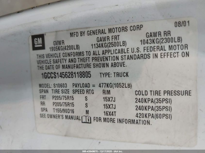 2002 Chevrolet S-10 VIN: 1GCCS145628118805 Lot: 43949670