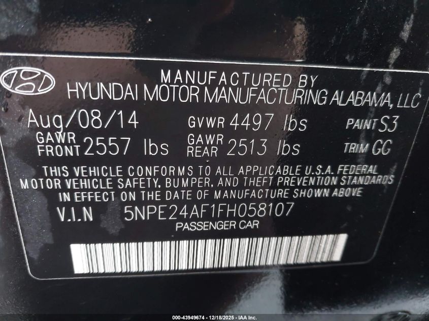 2015 Hyundai Sonata Se VIN: 5NPE24AF1FH058107 Lot: 43949674