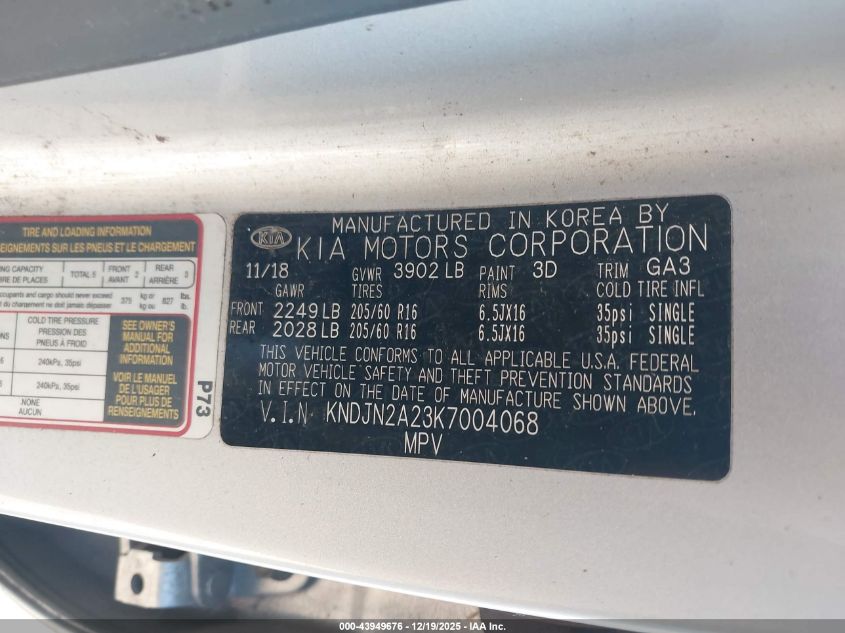 2019 Kia Soul VIN: KNDJN2A23K7004068 Lot: 43949676