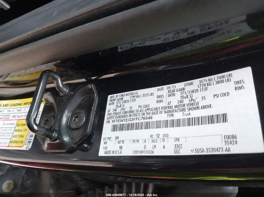 2015 Ford F-150 Platinum VIN: 1FTEW1EG3FFC76548 Lot: 43949677