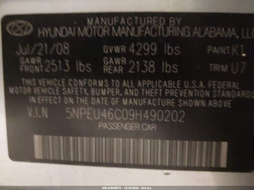2009 Hyundai Sonata Limited VIN: 5NPEU46C09H490202 Lot: 43949678