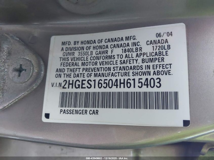2004 Honda Civic Lx VIN: 2HGES16504H615403 Lot: 43949682