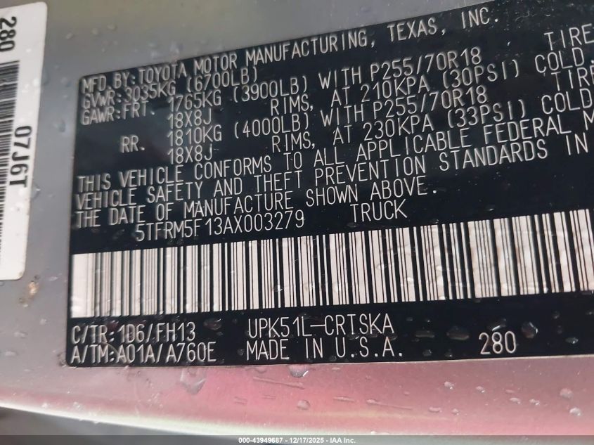 2010 Toyota Tundra Grade 4.6L V8 VIN: 5TFRM5F13AX003279 Lot: 43949687