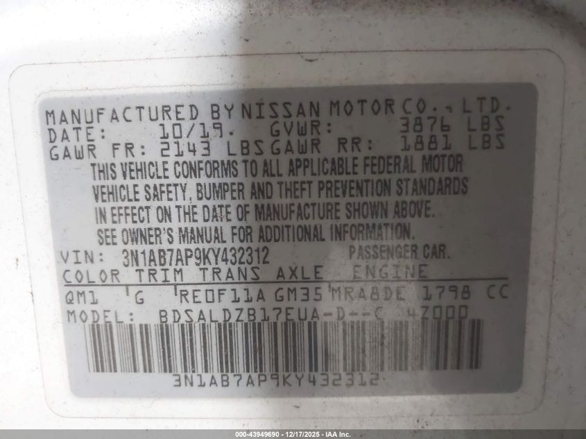2019 Nissan Sentra Sv VIN: 3N1AB7AP9KY432312 Lot: 43949690