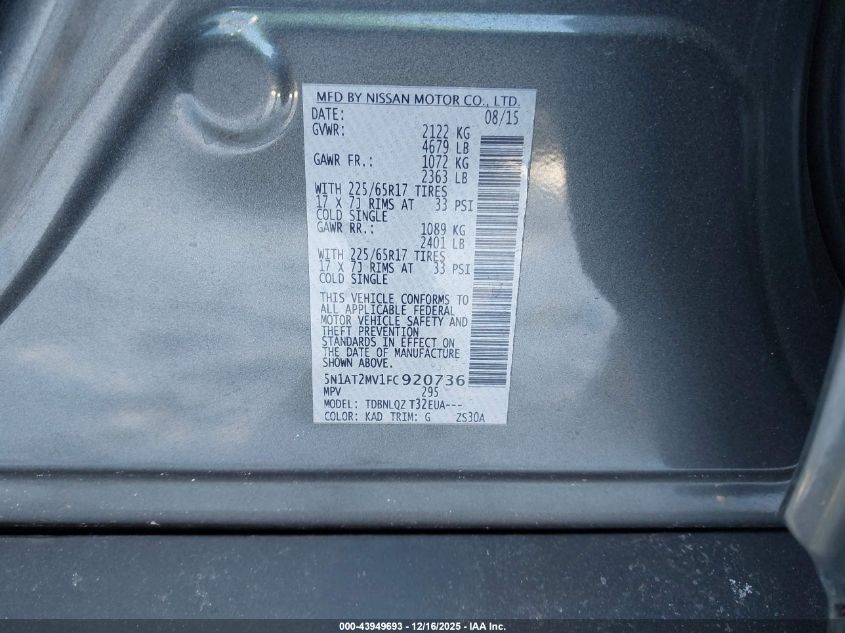 2015 Nissan Rogue Sv VIN: 5N1AT2MV1FC920736 Lot: 43949693