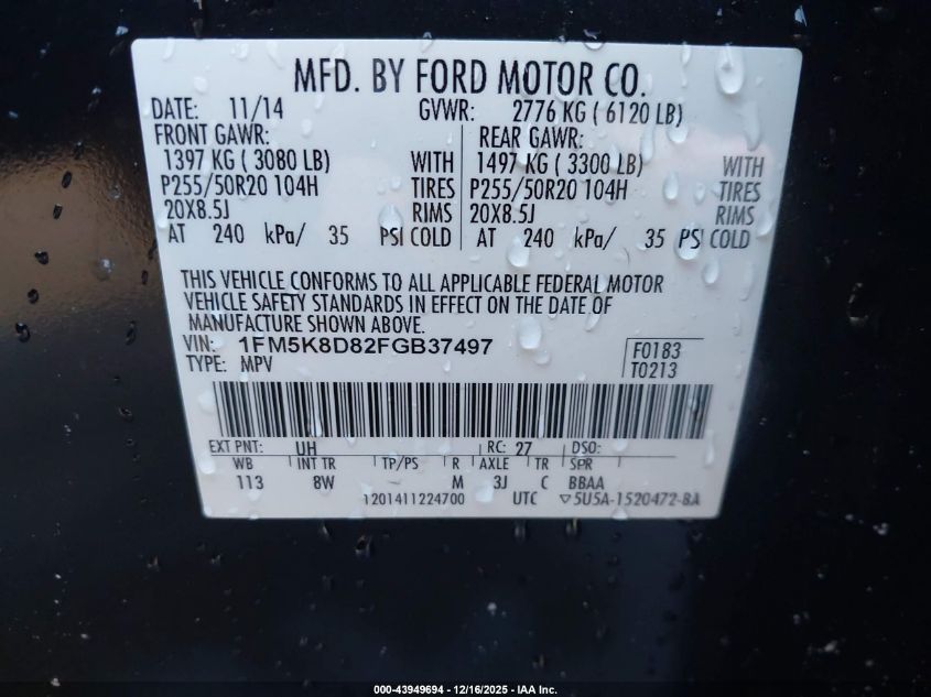 2015 Ford Explorer Xlt VIN: 1FM5K8D82FGB37497 Lot: 43949694