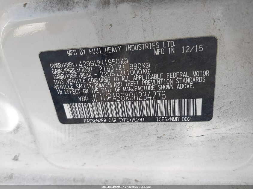 2016 Subaru Impreza 2.0I Premium VIN: JF1GPAB6XGH234276 Lot: 43949695