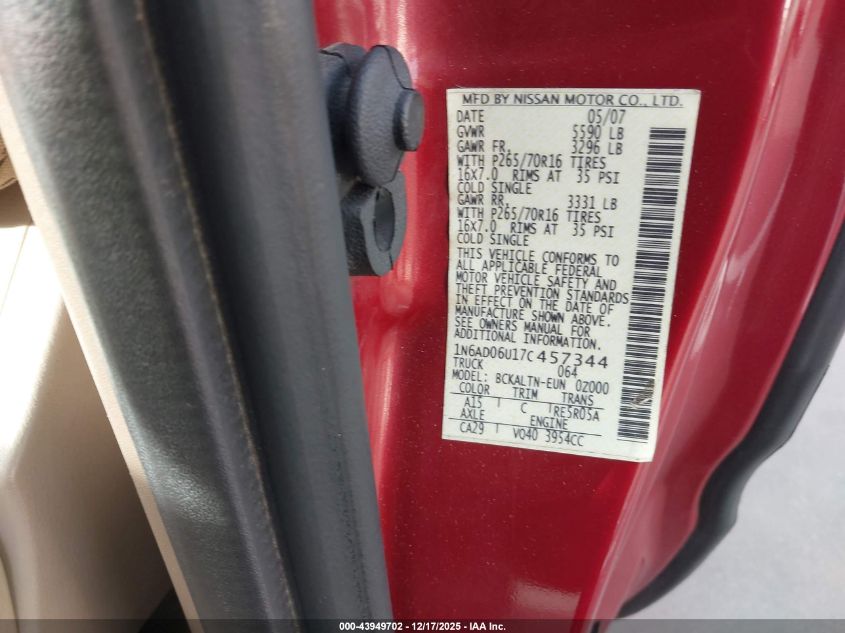 2007 Nissan Frontier Se VIN: 1N6AD06U17C457344 Lot: 43949702