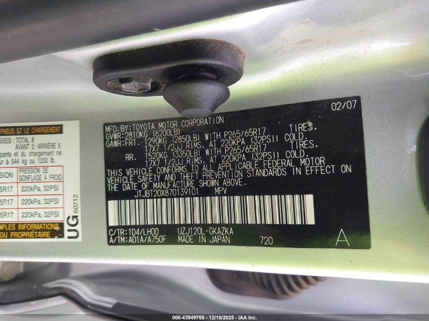 2007 Lexus Gx 470 VIN: JTJBT20X870139101 Lot: 43949708