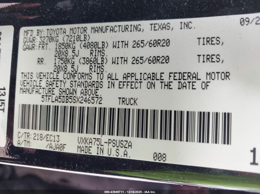 2025 Toyota Tundra Sr5 VIN: 5TFLA5DB5SX246572 Lot: 43949711