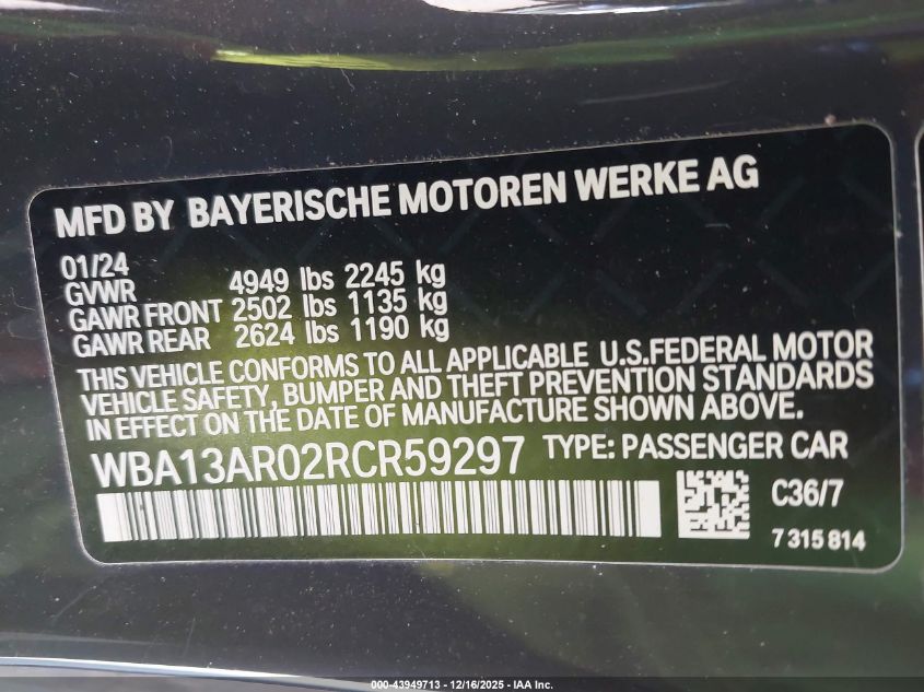 2024 BMW M440I xDrive VIN: WBA13AR02RCR59297 Lot: 43949713