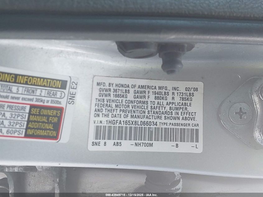 2008 Honda Civic Lx VIN: 1HGFA165X8L066034 Lot: 43949715