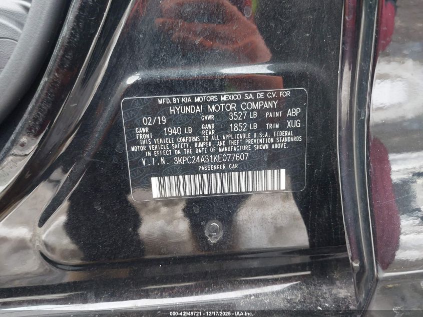 2019 Hyundai Accent Se VIN: 3KPC24A31KE077607 Lot: 43949721