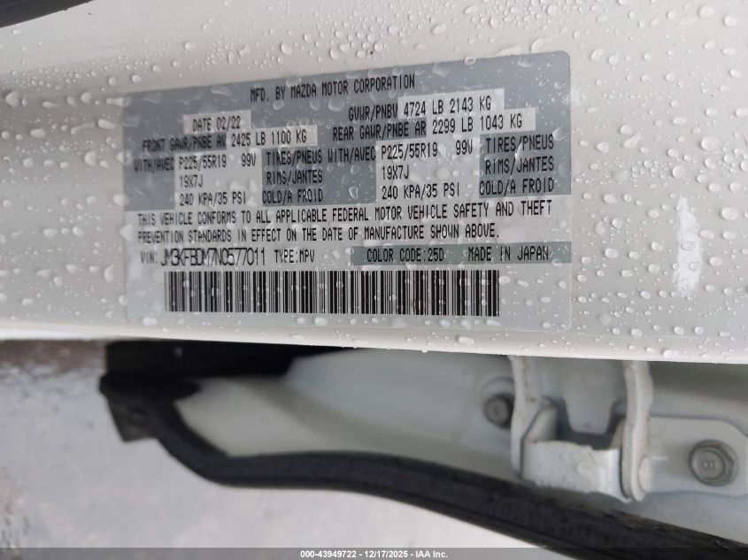 2022 Mazda Cx-5 2.5 S Premium VIN: JM3KFBDM7N0577011 Lot: 43949722