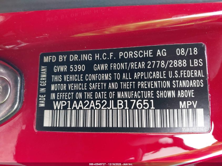 2018 Porsche Macan VIN: WP1AA2A52JLB17651 Lot: 43949727