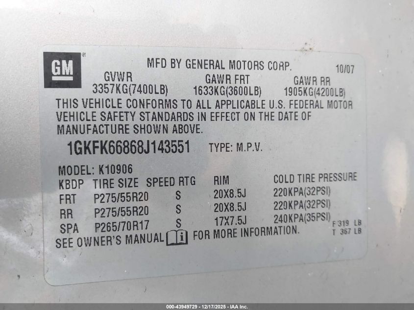 2008 GMC Yukon Xl 1500 Denali VIN: 1GKFK66868J143551 Lot: 43949729