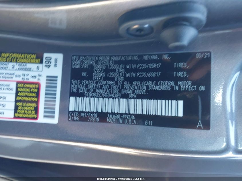 2021 Toyota Sienna Le VIN: 5TDKRKEC7MS046389 Lot: 43949734