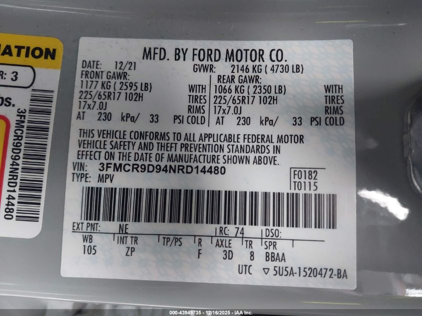 2022 Ford Bronco Sport Badlands VIN: 3FMCR9D94NRD14480 Lot: 43949735