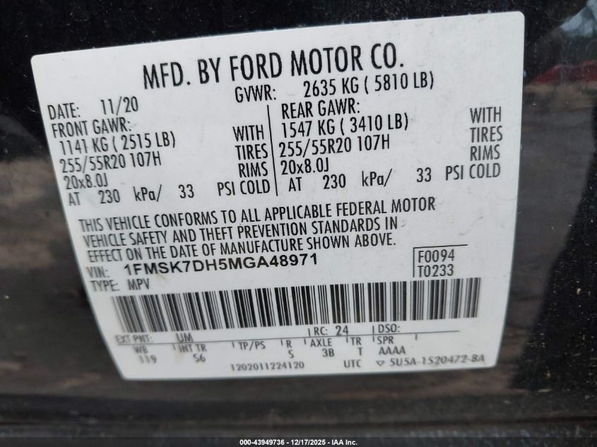 2021 Ford Explorer Xlt VIN: 1FMSK7DH5MGA48971 Lot: 43949736