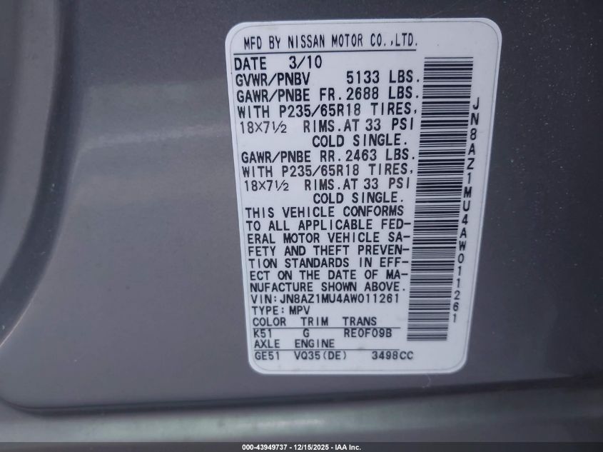 2010 Nissan Murano Sl VIN: JN8AZ1MU4AW011261 Lot: 43949737