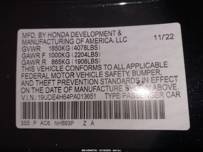 2023 Acura Integra A-Spec Technology VIN: 19UDE4H64PA013651 Lot: 43949739