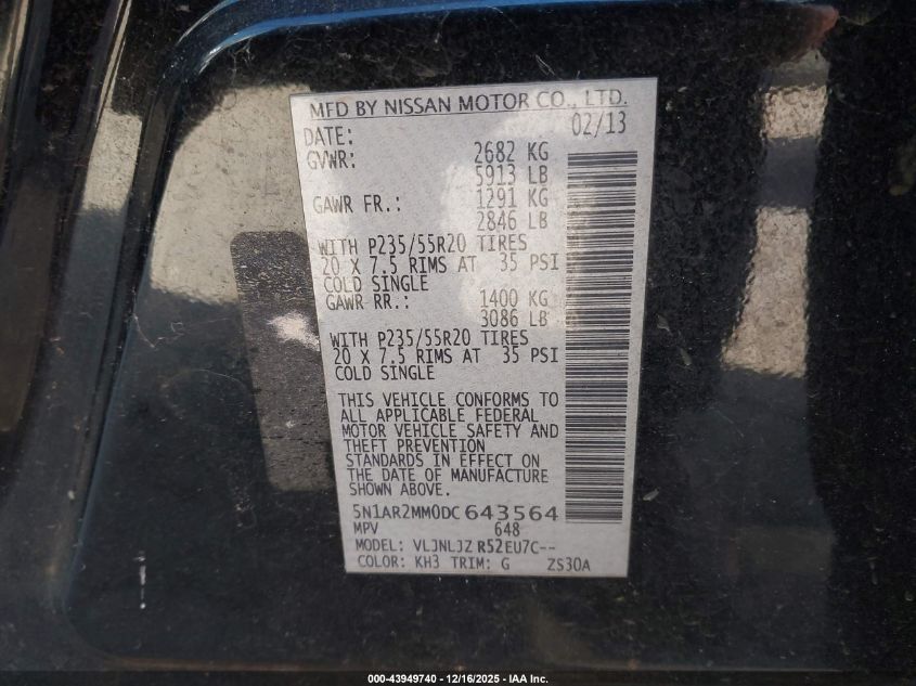 2013 Nissan Pathfinder Platinum VIN: 5N1AR2MM0DC643564 Lot: 43949740