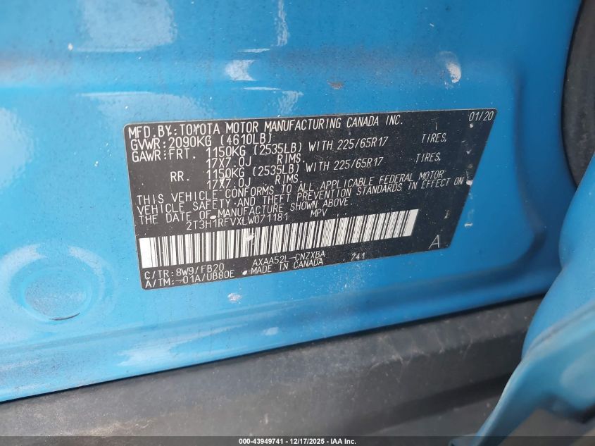 2020 Toyota Rav4 Le VIN: 2T3H1RFVXLW071181 Lot: 43949741