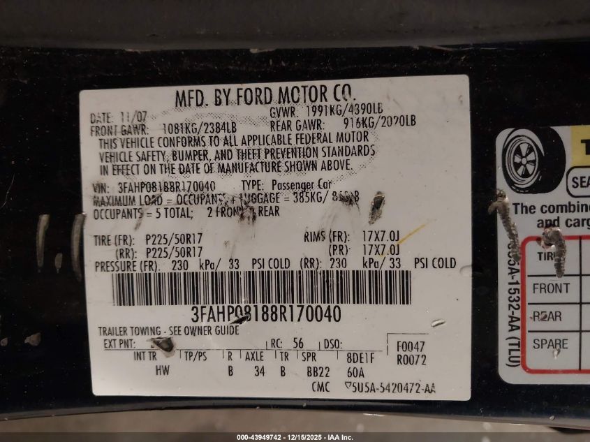 2008 Ford Fusion Sel VIN: 3FAHP08188R170040 Lot: 43949742