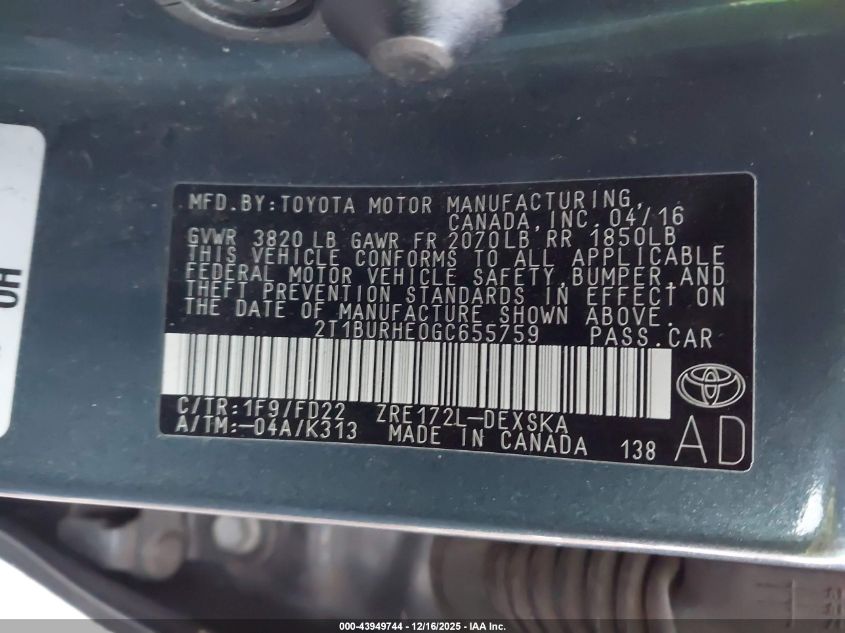 2016 Toyota Corolla S Plus VIN: 2T1BURHE0GC655759 Lot: 43949744