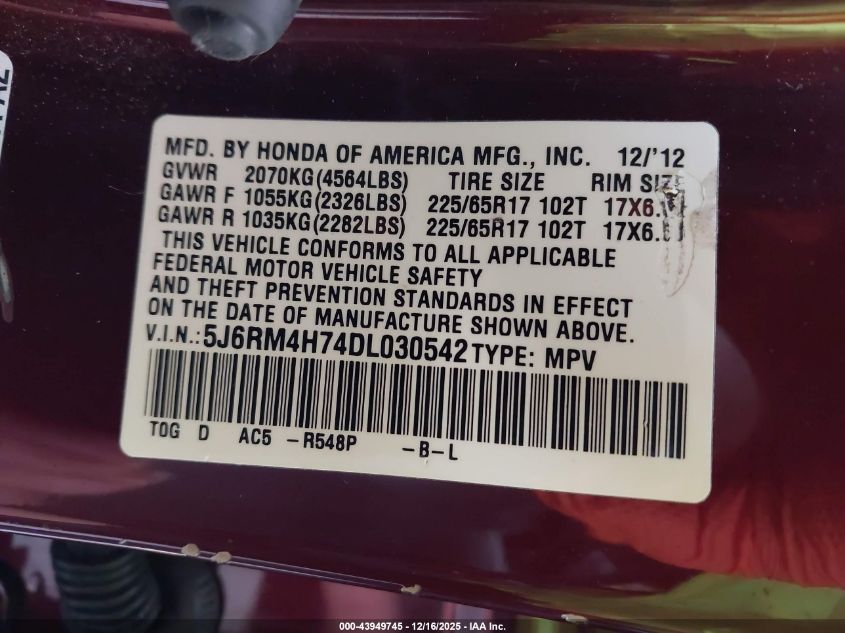 2013 Honda Cr-V Ex-L VIN: 5J6RM4H74DL030542 Lot: 43949745