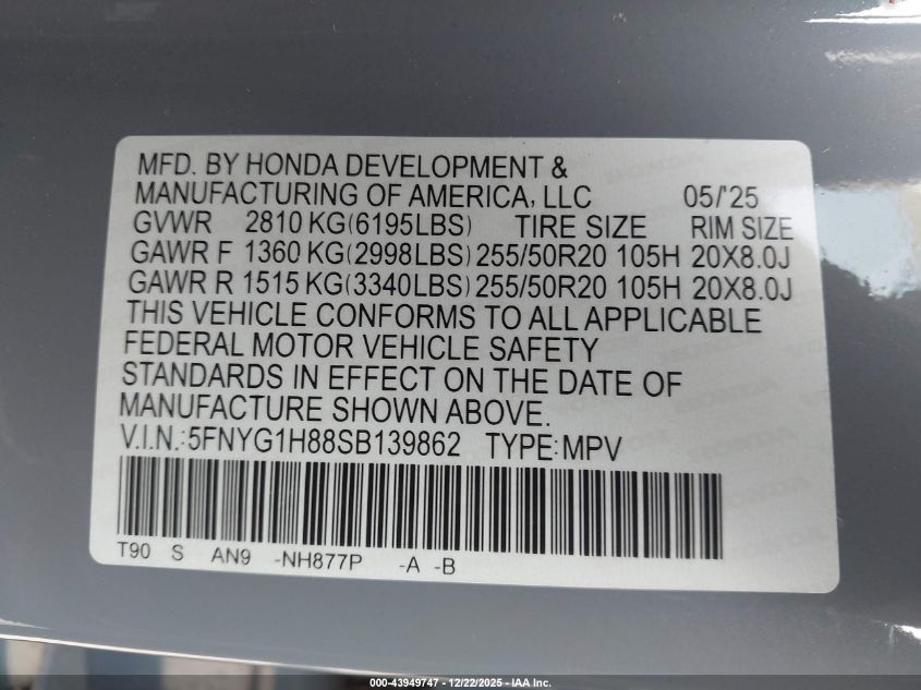 2025 Honda Pilot Elite VIN: 5FNYG1H88SB139862 Lot: 43949747