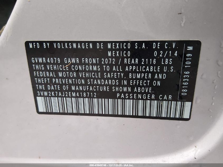 2014 Volkswagen Jetta 2.0L S VIN: 3VW2K7AJ2EM418712 Lot: 43949746