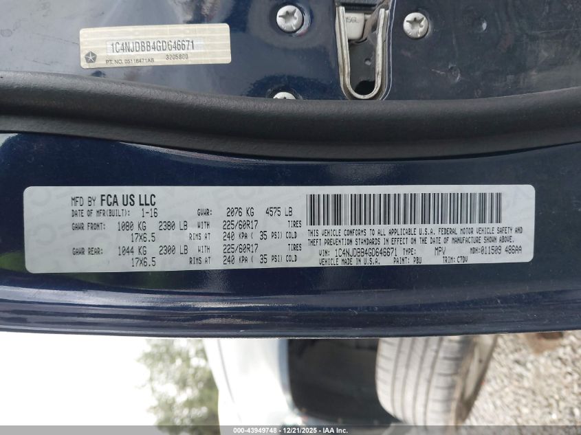2016 Jeep Compass Sport VIN: 1C4NJDBB4GD646671 Lot: 43949748