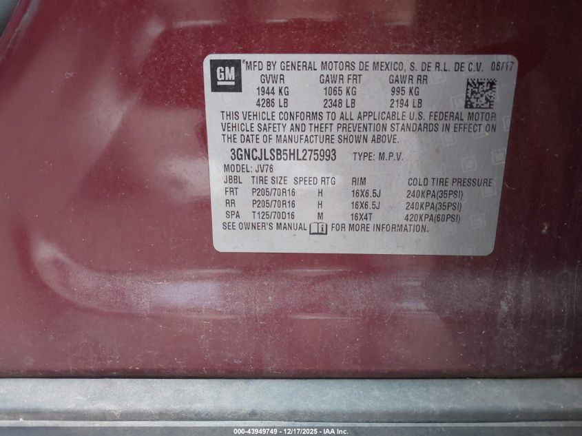 2017 Chevrolet Trax Lt VIN: 3GNCJLSB5HL275993 Lot: 43949749