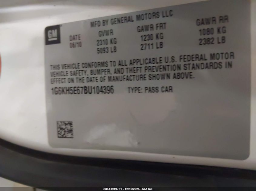 2011 Cadillac Dts Premium Collection VIN: 1G6KH5E67BU104396 Lot: 43949751