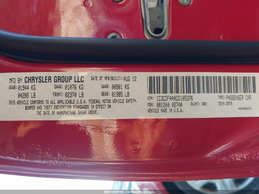 2013 Dodge Dart Se VIN: 1C3CDFAA0DD105376 Lot: 43949759