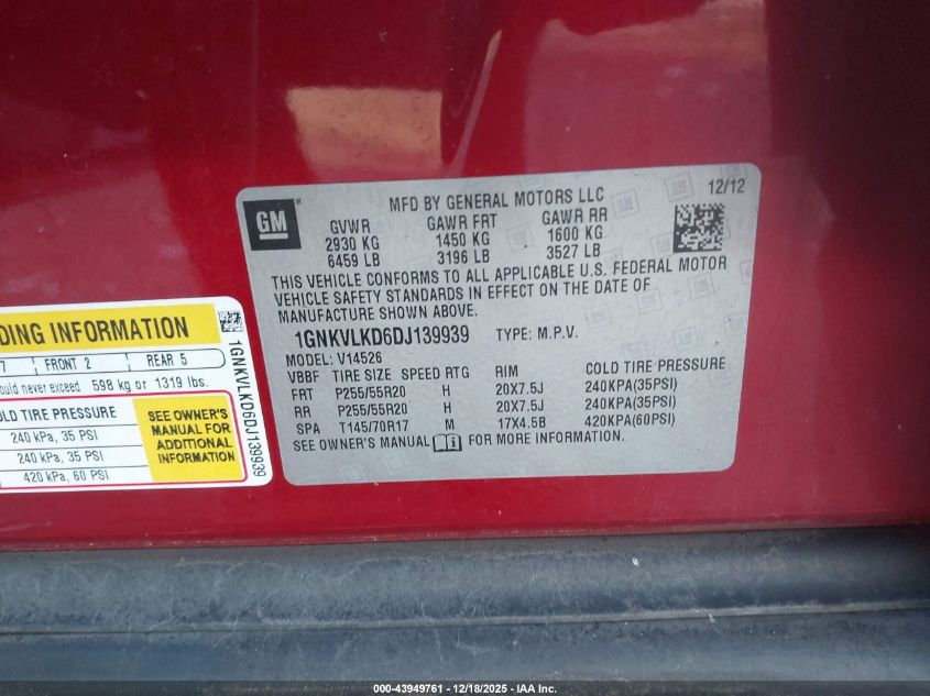 2013 Chevrolet Traverse Ltz VIN: 1GNKVLKD6DJ139939 Lot: 43949761