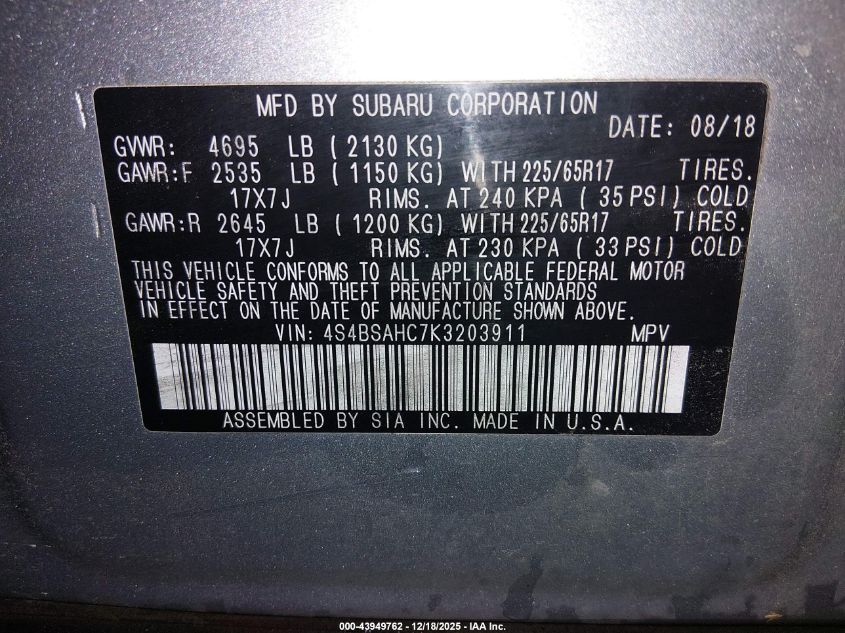 2019 Subaru Outback 2.5I Premium VIN: 4S4BSAHC7K3203911 Lot: 43949762