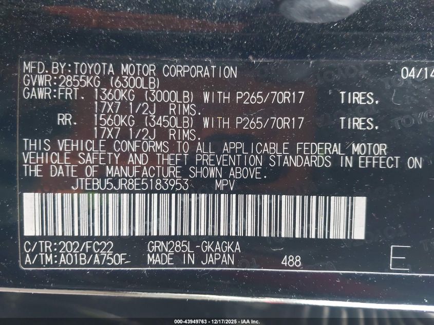 2014 Toyota 4 Runner VIN: JTEDU5JR7E5183953 Lot: 43949763