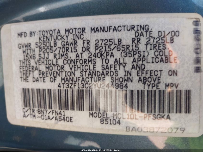 2000 Toyota Sienna Le VIN: 4T3ZF13C2YU244984 Lot: 43949764