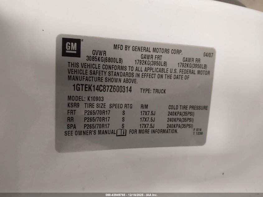 2007 GMC Sierra 1500 Work Truck VIN: 1GTEK14C87Z600314 Lot: 43949765