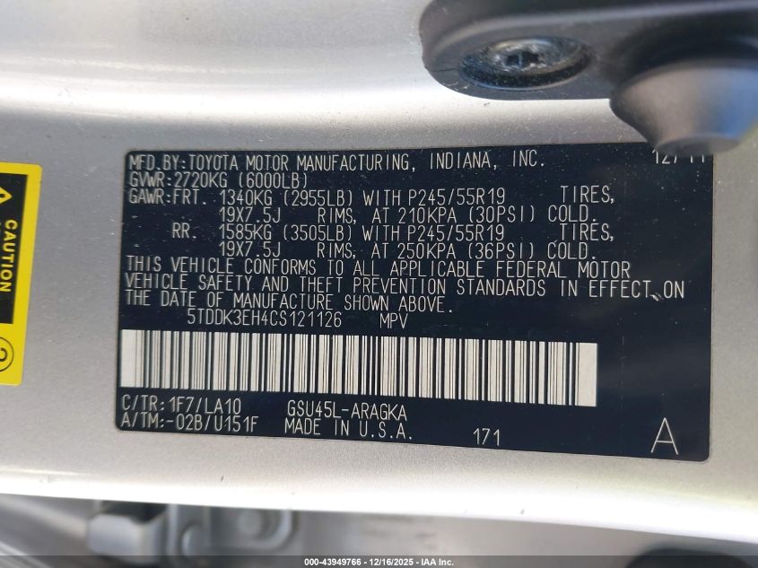 2012 Toyota Highlander Limited V6 VIN: 5TDDK3EH4CS121126 Lot: 43949766