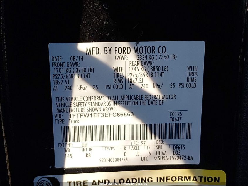 2014 Ford F-150 Fx4 VIN: 1FTFW1EF3EFC86863 Lot: 43949768