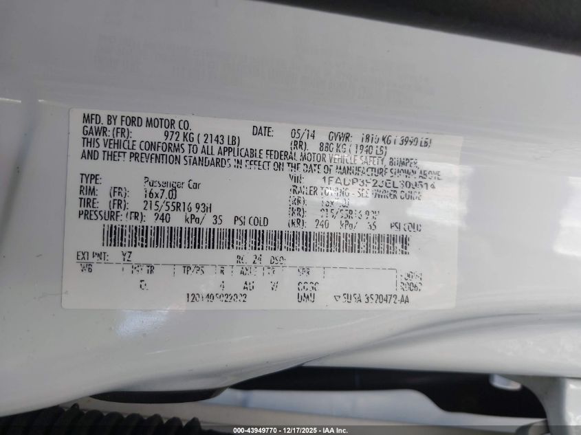 2014 Ford Focus Se VIN: 1FADP3F23EL309514 Lot: 43949770