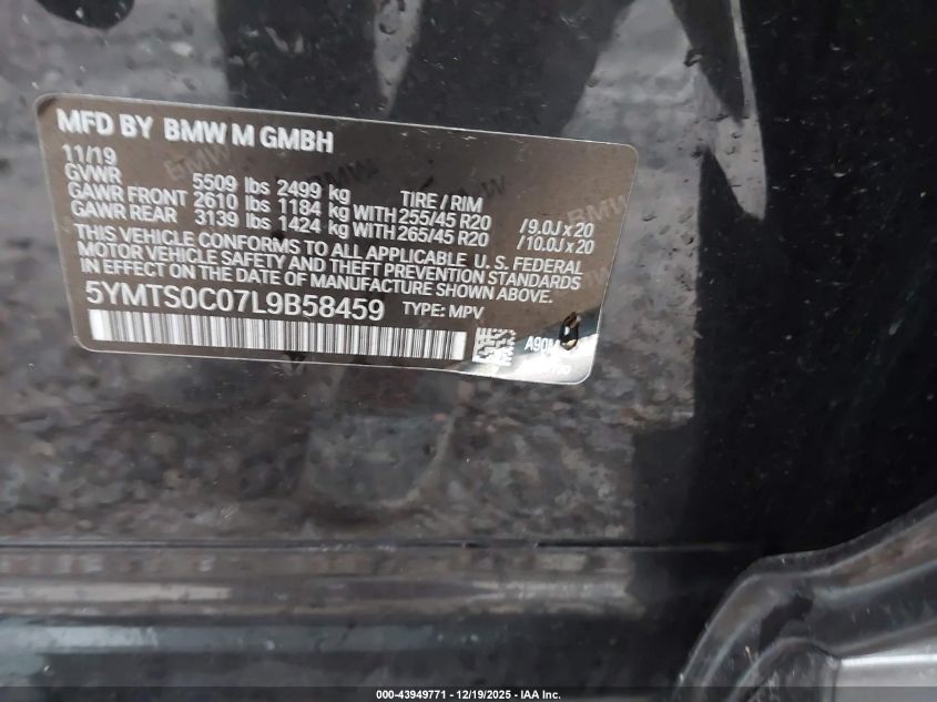 2020 BMW X3 M VIN: 5YMTS0C07L9B58459 Lot: 43949771