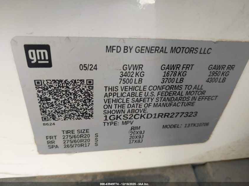 2024 GMC Yukon 4Wd At4 VIN: 1GKS2CKD1RR277323 Lot: 43949774