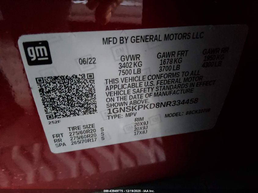 2022 Chevrolet Tahoe 4Wd Z71 VIN: 1GNSKPKD8NR334458 Lot: 43949775