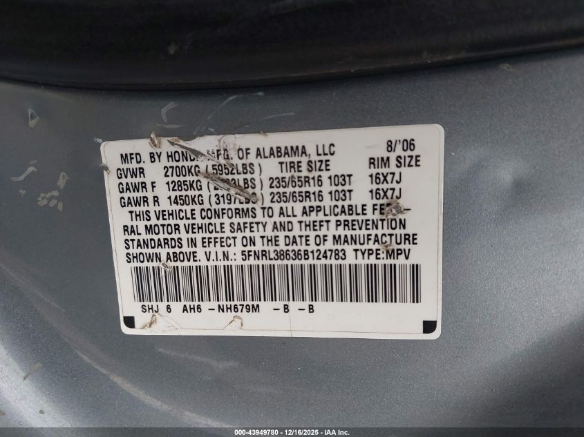 2006 Honda Odyssey Ex-L VIN: 5FNRL38636B124783 Lot: 43949780