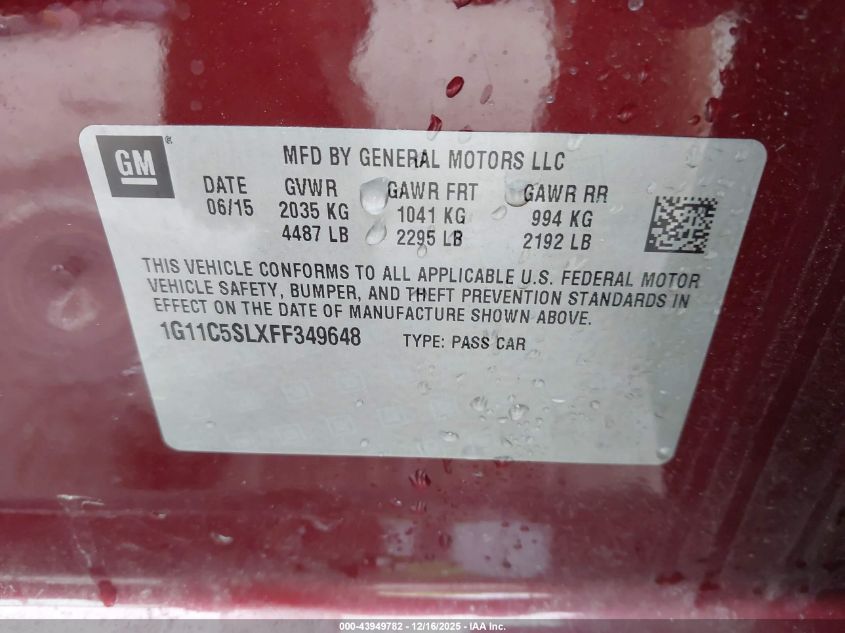2015 Chevrolet Malibu 1Lt VIN: 1G11C5SLXFF349648 Lot: 43949782